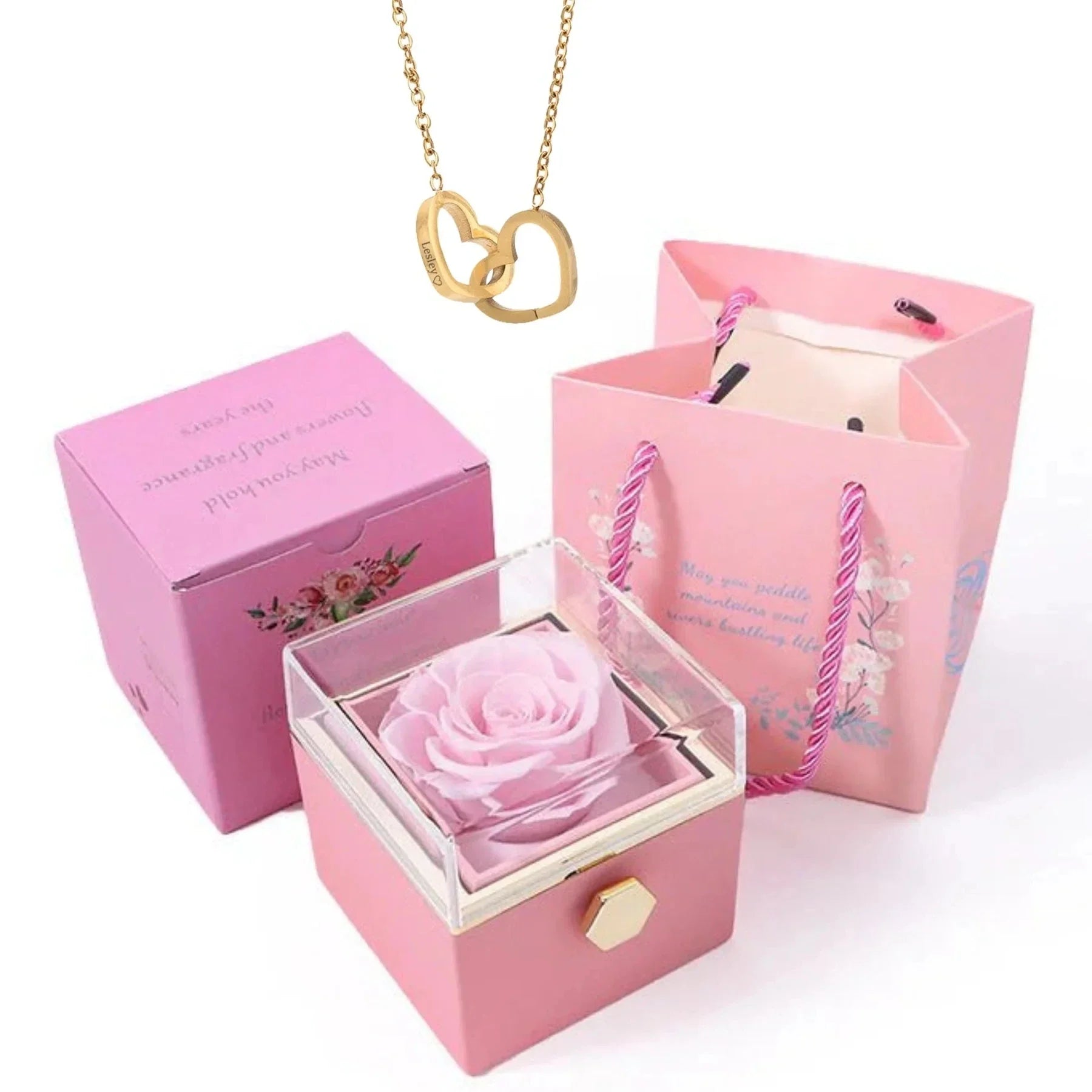 Caja Giratoria del Amor Infinito con Rosa Eterna y Collar Personalizado