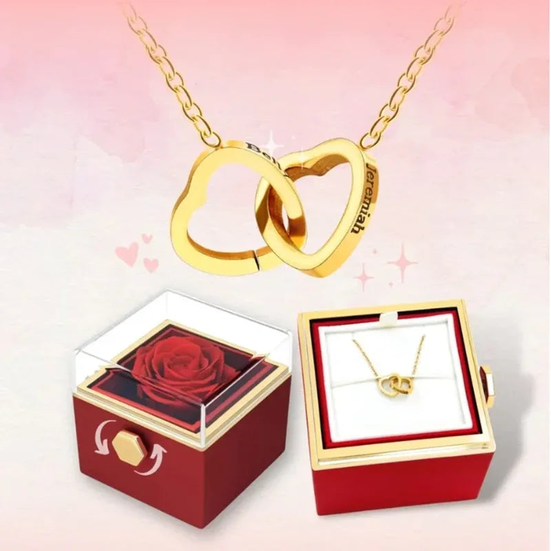 Caja Giratoria del Amor Infinito con Rosa Eterna y Collar Personalizado
