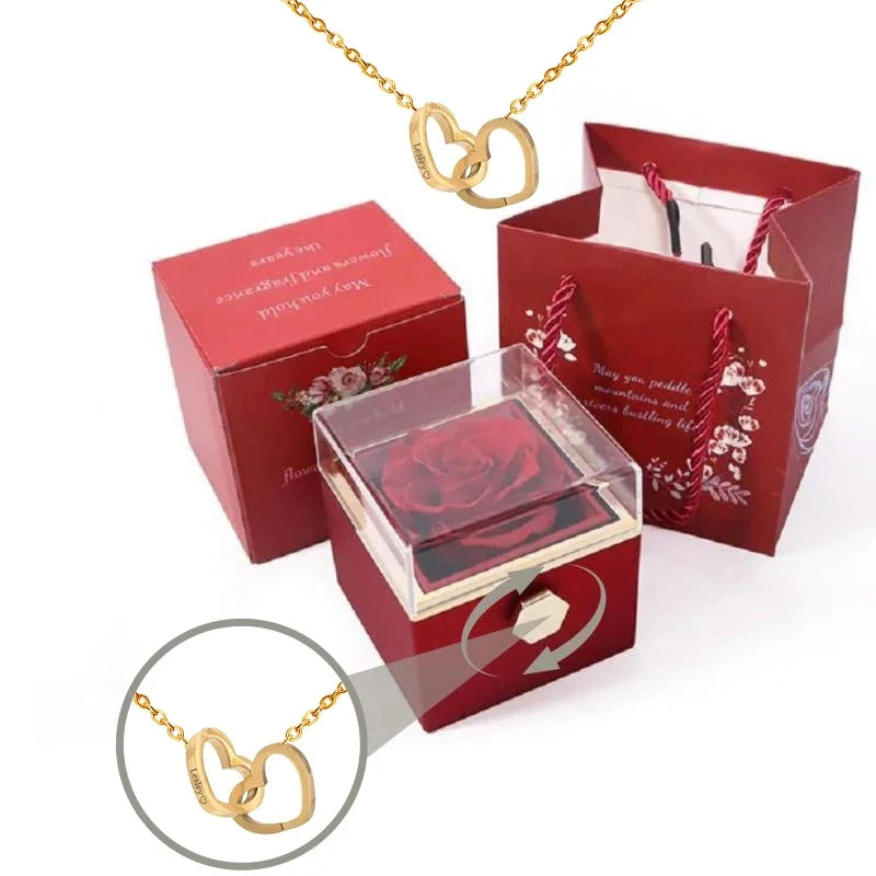 Caja Giratoria del Amor Infinito con Rosa Eterna y Collar Personalizado