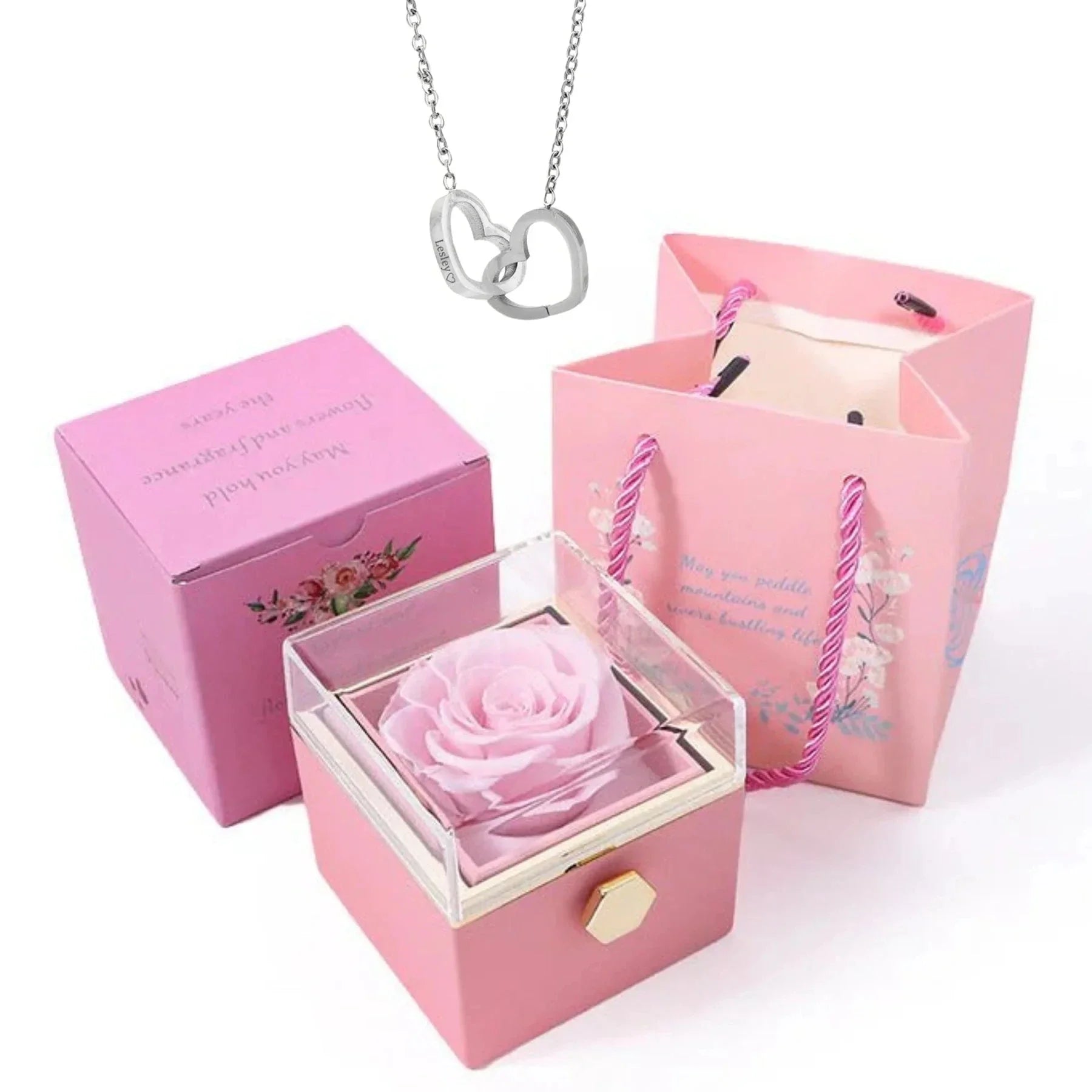 Caja Giratoria del Amor Infinito con Rosa Eterna y Collar Personalizado